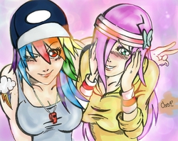 Size: 1026x818 | Tagged: safe, artist:chrisblazedemon, fluttershy, rainbow dash, human, g4, hurricane fluttershy, blushing, breasts, busty fluttershy, busty rainbow dash, cap, clothes, duo, female, grin, hat, headband, hoodie, humanized, light skin, looking at you, peace sign, shy, smiling, sweatband, whistle, wink