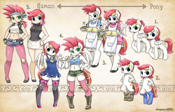 Size: 1700x1091 | Tagged: safe, artist:shepherd0821, oc, oc only, oc:lotus heat, oc:petal spark, human, pony, anthro, semi-anthro, unguligrade anthro, anthro chart, anthro with ponies, apron, belly button, bipedal, clothes, daisy dukes, dress, humanized, midriff, skirt, sports bra, twins