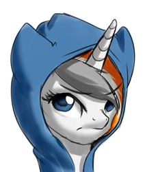 Size: 1545x1825 | Tagged: safe, artist:mykegreywolf, oc, oc only, oc:belle eve, pony, unicorn, belle eve, clothes, frown, glare, grumpy, hoodie, looking at you, ponified, solo