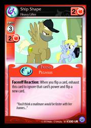 Size: 868x1211 | Tagged: safe, enterplay, crafty crate, derpy hooves, pegasus, pony, g4, my little pony collectible card game, premiere, ccg, duo, female, mailmare, male, mare, ship shape, stallion