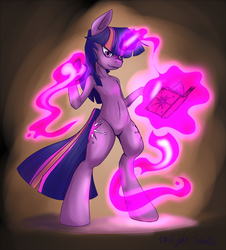 Size: 2031x2245 | Tagged: safe, artist:bloodycat, twilight sparkle, pony, semi-anthro, g4, bipedal, book, female, magic, pixiv, solo