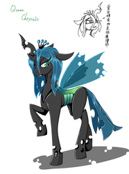 Size: 760x1024 | Tagged: safe, artist:bloodycat, queen chrysalis, changeling, changeling queen, g4, crown, female, japanese, jewelry, pixiv, regalia, solo