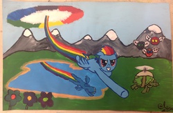Size: 2592x1697 | Tagged: safe, artist:pugs911, rainbow dash, tank, parasprite, pegasus, pony, g4, color wheel, mountain, painting, rainbow, sonic rainboom