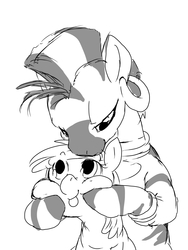 Size: 1200x1600 | Tagged: safe, artist:nabe, apple bloom, zecora, zebra, g4, duo, grayscale, monochrome, pixiv, silly, squishy cheeks, tongue out, zecobloom