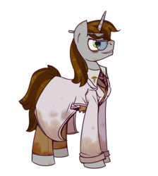 Size: 1280x1427 | Tagged: safe, artist:inlucidreverie, oc, oc only, pony, unicorn, fallout equestria, clothes, glasses, lab coat, scalpel, simple background, solo, transparent background