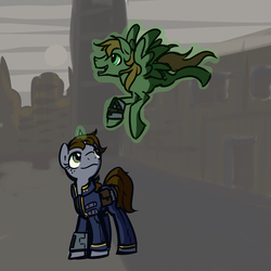Size: 1280x1280 | Tagged: safe, artist:inlucidreverie, oc, oc only, oc:littlepip, oc:murky, pegasus, pony, unicorn, fallout equestria, fallout equestria: murky number seven, clothes, fanfic, fanfic art, female, hooves, horn, jumpsuit, magic, male, mare, open mouth, pipbuck, saddle bag, spread wings, stallion, telekinesis, vault suit, wings