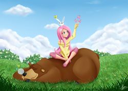 Size: 919x650 | Tagged: safe, artist:valinhya, angel bunny, fluttershy, harry, butterfly, human, g4, animal, clothes, grass, humanized, light skin, off shoulder, snot bubble, sweater, sweatershy