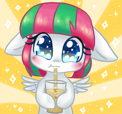 Size: 500x467 | Tagged: safe, artist:bunnini, blossomforth, pegasus, pony, ask filly blossomforth, g4, female, filly, filly blossomforth, soda, solo, sunburst background