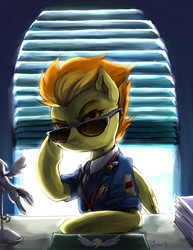 Size: 1235x1599 | Tagged: safe, artist:audrarius, spitfire, pegasus, pony, g4, backlighting, clothes, desk, female, looking at you, solo, spitfire's office, sunglasses, uniform, wonderbolts dress uniform