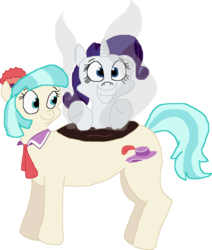 Size: 2145x2532 | Tagged: safe, artist:pegasusexpress2010, coco pommel, rarity, earth pony, pony, unicorn, g4, rarity takes manehattan, female, horn, hot chocolate, lesbian, mare, pun, rarity is a marshmallow, ship:marshmallow coco, shipping, simple background, transparent background, visual pun, wat