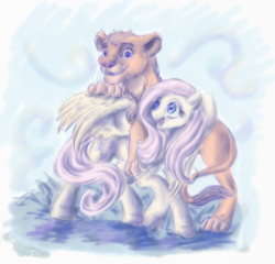 Size: 696x668 | Tagged: safe, artist:remains, fluttershy, big cat, lion, pegasus, pony, g4, crossover, disney, simba, the lion king