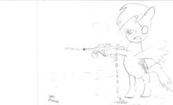 Size: 2800x1700 | Tagged: safe, rainbow dash, pony, g4, angry, assault rifle, aug, bipedal, bullet, crossover, eyepatch, female, gun, monochrome, rifle, signature, simple background, sketch, solo, the walking dead, weapon, white background