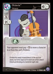 Size: 868x1211 | Tagged: safe, enterplay, octavia melody, earth pony, pony, g4, my little pony collectible card game, premiere, ccg, cello, eyes closed, female, implied vinyl scratch, mare, musical instrument, playing instrument, solo, white