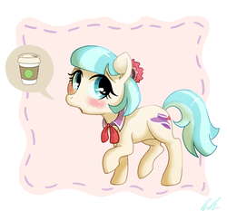 Size: 823x767 | Tagged: safe, artist:c-puff, coco pommel, earth pony, pony, g4, rarity takes manehattan, :o, blushing, cocobetes, coffee, cute, digital art, female, mare, necktie, open mouth, pictogram, solo, walking