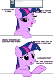 Size: 1050x1525 | Tagged: safe, artist:navitaserussirus, trixie, twilight sparkle, genie, pony, unicorn, asktwixiegenies, g4, ask, bedroom eyes, female, lesbian, mare, ship:twixie, shipping, solo, tumblr