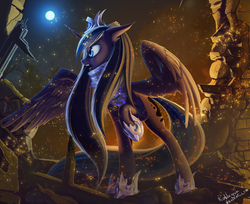 Size: 2000x1635 | Tagged: safe, artist:rublegun, princess luna, alicorn, pony, vampire, g4, clothes, crown, fangs, female, jewelry, moon, night, regalia, ruins, scarf, solo