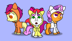 Size: 1695x983 | Tagged: safe, artist:xylophon, apple bloom, scootaloo, sweetie belle, g4, clothes, cutie mark crusaders, hoodie