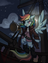 Size: 768x1000 | Tagged: safe, artist:viistar, rainbow dash, g4, belt, clothes, eyepatch, female, flying, gun, jacket, pirate, pirate dash, scar, ship, solo