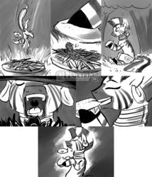 Size: 827x965 | Tagged: safe, artist:eevachu, applejack, zecora, earth pony, pony, zebra, g4, appletini, comic, eating, female, fetish, mare, maw, monochrome, vore