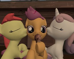 Size: 1280x1024 | Tagged: safe, artist:gergta, apple bloom, scootaloo, sweetie belle, pegasus, pony, unicorn, g4, 3d, cheek kiss, cutie mark crusaders, feeding, female, gmod, ice cream, kiss sandwich, kissing, lesbian, shipping