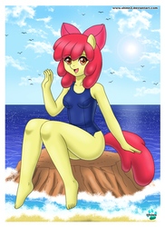 Size: 966x1329 | Tagged: safe, artist:shinn3, apple bloom, earth pony, anthro, plantigrade anthro, g4, ass, barefoot, beach, butt, clothes, feet, female, older, older apple bloom, one-piece swimsuit, school swimsuit, solo, sukumizu, swimsuit