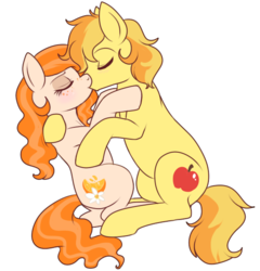 Size: 555x579 | Tagged: safe, artist:lulubell, braeburn, oc, g4, canon x oc, female, kissing, male, shipping, simple background, straight, transparent background