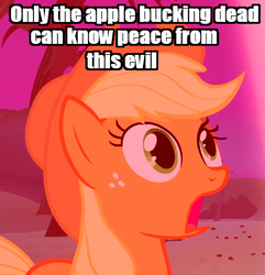 Size: 410x426 | Tagged: safe, applejack, g4, faic, female, image macro, only the dead can know peace from this evil, solo