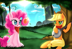 Size: 1600x1100 | Tagged: safe, artist:cyanaeolin, applejack, pinkie pie, g4, apple, bandana, banjo, musical instrument