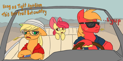 Size: 1565x775 | Tagged: safe, apple bloom, applejack, big macintosh, earth pony, pony, g4, car, driving, fear and loathing in las vegas, glasses, male, stallion, sunglasses