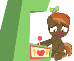 Size: 6000x5000 | Tagged: safe, artist:csillaghullo, artist:jan, button mash, earth pony, pony, g4, absurd resolution, arcade game, blank flank, colt, crying, foal, hat, hooves, male, open mouth, propeller hat, simple background, sitting, solo, transparent background