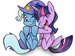 Size: 1024x768 | Tagged: safe, artist:laliiyeaah, trixie, twilight sparkle, alicorn, pony, ask twilight and trixie, g4, blushing, cute, female, happy, hug, lesbian, mare, ship:twixie, shipping, simple background, twilight sparkle (alicorn), white background
