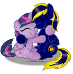 Size: 1024x1036 | Tagged: safe, artist:aleximusprime, twilight sparkle, oc, oc:zephyr, alicorn, pony, g4, canon x oc, duo, eyes closed, female, hug, male, mare, simple background, straight, transparent background, twilight sparkle (alicorn), twiphyr