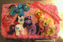 Size: 883x600 | Tagged: safe, artist:dahli-lama, applejack, fluttershy, pinkie pie, rainbow dash, rarity, twilight sparkle, g4, cake, food, food art, mane six