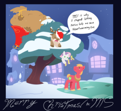 Size: 1280x1174 | Tagged: safe, artist:elosande, big macintosh, sweetie belle, deer, earth pony, pony, reindeer, g4, christmas, hearth's warming, hearth's warming eve, holiday, male, present, santa claus, santa hooves, sled, smarty belle, snow, stallion, sweetie fail, tree