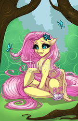 Size: 634x980 | Tagged: safe, artist:inkfall, angel bunny, fluttershy, butterfly, rabbit, g4, bush, female, nature, solo, tree branch