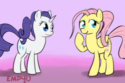 Size: 1000x660 | Tagged: safe, artist:empyu, fluttershy, rarity, g4, 30 minute art challenge, alternate hairstyle, duo, ponytail