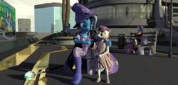 Size: 3846x1824 | Tagged: safe, artist:tahublade7, dj pon-3, rarity, sweetie belle, trixie, vinyl scratch, anthro, plantigrade anthro, g4, 3d, clothes, daz studio, dress, staff