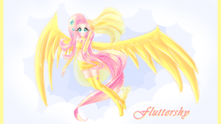 Size: 1366x768 | Tagged: safe, artist:moon-valkyrie, fluttershy, human, g4, belly button, blushing, clothes, female, humanized, light skin, midriff, miniskirt, skirt, solo, tailed humanization, winged humanization