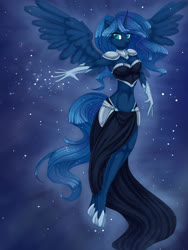 Size: 2088x2776 | Tagged: safe, artist:misukitty, princess luna, alicorn, anthro, unguligrade anthro, g4, belly button, cleavage, female, hoof shoes, midriff, night, solo