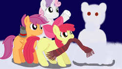 Size: 1280x720 | Tagged: safe, artist:jbond, apple bloom, scootaloo, sweetie belle, earth pony, pegasus, pony, unicorn, g4, clothes, cutie mark crusaders, hat, mouth hold, scarf, snow, snowpony, trio