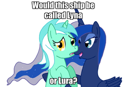 Size: 1480x1021 | Tagged: safe, artist:hakar-kerarmor, lyra heartstrings, princess luna, alicorn, pony, unicorn, g4, conspiracy lyra, crack shipping, duo, exploitable meme, female, lesbian, lura, lyna, lyra is not amused, meme, ship:lunara, shipping