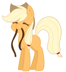 Size: 803x867 | Tagged: safe, artist:pegacornss, applejack, g4, eyes closed, female, happy, mouth hold, rope, simple background, solo