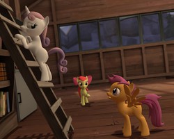 Size: 1280x1024 | Tagged: safe, artist:gergta, apple bloom, scootaloo, sweetie belle, earth pony, pegasus, pony, unicorn, g4, 3d, bookshelf, butt, cutie mark crusaders, female, filly, gmod, ladder, lesbian, plot, scrunchy face, ship:scootabelle, shipping, teasing, wingboner