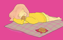 Size: 600x376 | Tagged: safe, artist:pongtang, fluttershy, human, g4, barefoot, clothes, cute, donut, eyes closed, feet, female, food, humanized, light skin, picnic, pixiv, prone, sleeping, solo, sweater, sweatershy