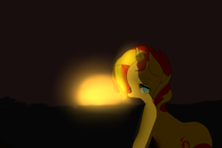 Size: 900x600 | Tagged: safe, artist:pongtang, sunset shimmer, pony, unicorn, g4, female, pixiv, sad, solo, sunset, sunshine shimmer