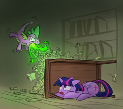 Size: 1181x1049 | Tagged: safe, artist:underpable, spike, twilight sparkle, alicorn, pony, g4, angry, burp, derp, dragon mail, duck and cover, female, fire, fire breath, green fire, mare, scroll, spam, table, twilight sparkle (alicorn)