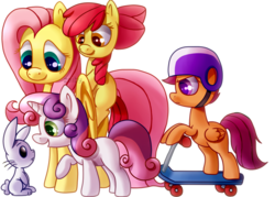 Size: 1400x1000 | Tagged: safe, artist:zoiby, angel bunny, apple bloom, fluttershy, scootaloo, sweetie belle, earth pony, pegasus, pony, unicorn, g4, cutie mark crusaders, female, filly, ponies riding ponies, riding, scooter