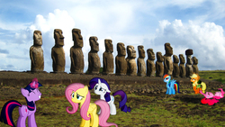 Size: 1920x1080 | Tagged: safe, artist:mr-kennedy92, applejack, fluttershy, pinkie pie, rainbow dash, rarity, twilight sparkle, g4, chile, easter island, irl, laughing, magic, mane six, moai, photo, ponies in real life, saddle bag, statue, vector