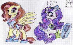 Size: 726x454 | Tagged: safe, artist:remains, fluttershy, rarity, pegasus, pony, unicorn, g4, alternate clothes, alternate hairstyle, graph paper, paper, sketch, traditional art