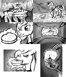 Size: 827x965 | Tagged: safe, artist:eevachu, princess luna, rainbow dash, alicorn, pony, g4, blushing, comic, eyes closed, female, fetish, lunapred, macro, magic, mare, micro, monochrome, preydash, vore